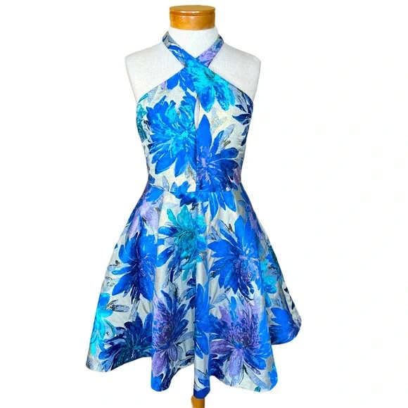 slim fit dress slacks Badgley Mischka | Scuba 3D Flower Dress in Marigold